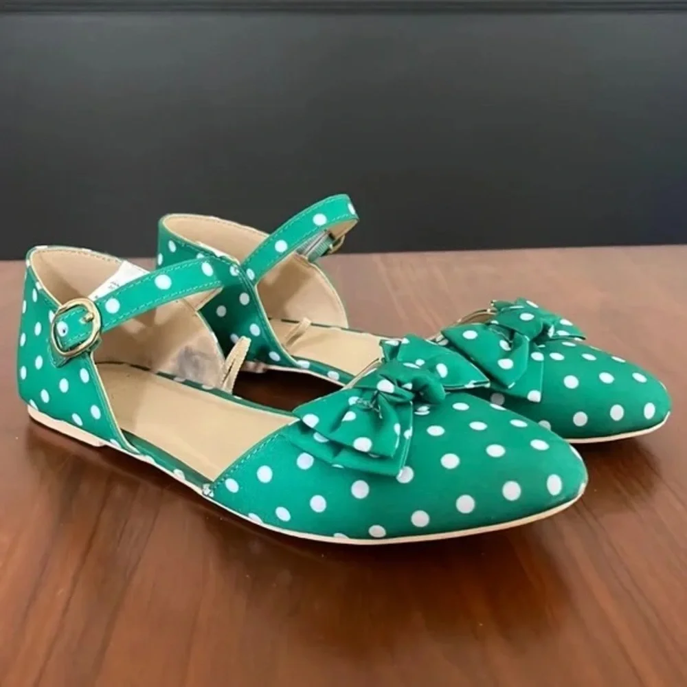 Janie and Jack, DOT BOW FLATS, green and white, size 11